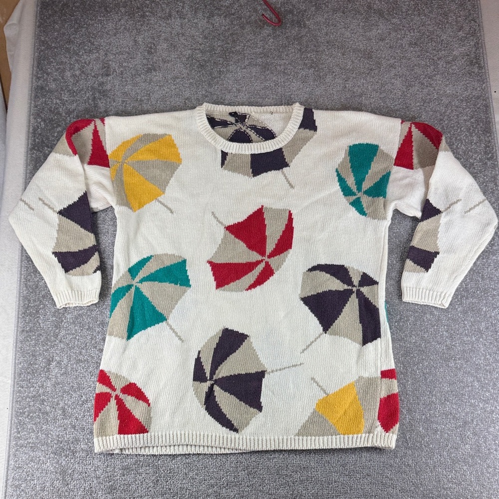 Vintage Retro Umbrella Sweater Whimsical Novelty Knit Pullover Colorful Womens M